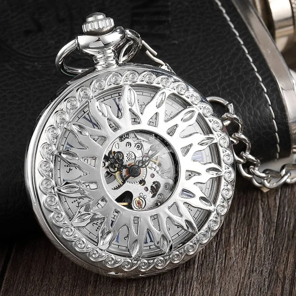 Sun Flower Hollow Design Mechanical Pocket Watch Vintage Steampunk Circel Dial Engraved Fob Hand Wind Steampunk Male Gifts Clock