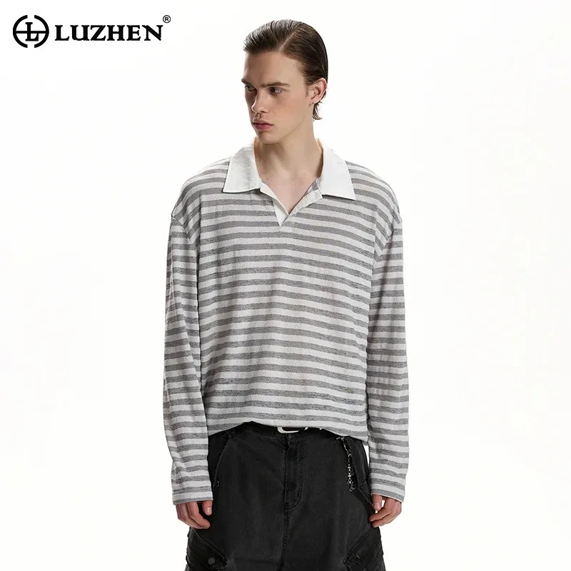 

LUZHEN 2026 Весна Новинка Стильная Элегантная Футболка-поло с принтом в полоску, повседневная, с длинным рукавом, мужская, JY6260