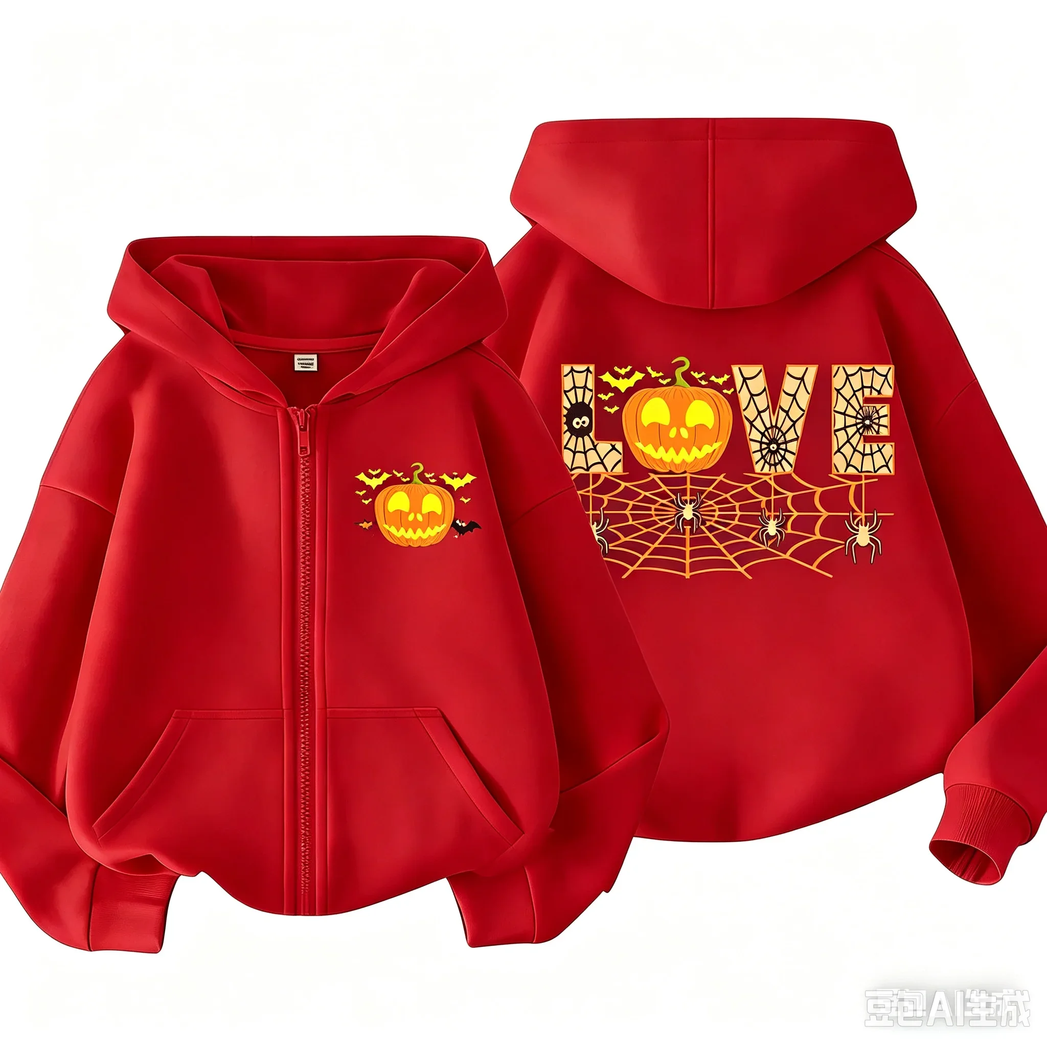 Boys Girls Zip Hooded Sweatshirt Halloween LOVE Pumpkin Spider Bat Print Kids Long Sleeve Loose Casual Hooded Coat