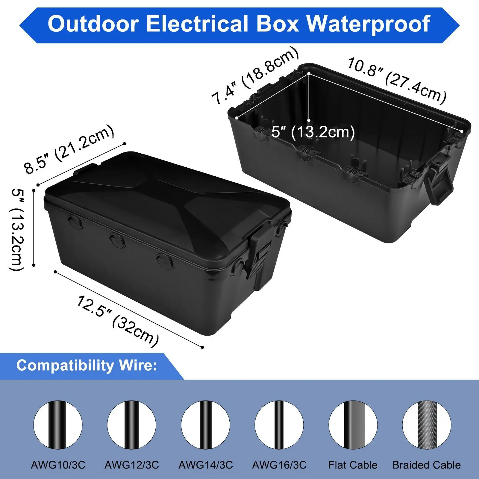 Large Outdoor Electrical Box (12.5 x 8.5 x 5 inch), IP54 Waterproof Extension Cord Cover,Weatherproof Connection Box