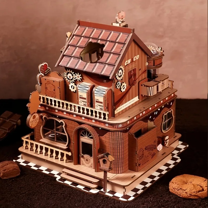 DIY Wooden Chocolate Workshop Cottage Miniature Dollhouse 3D Puzzle Assembly Model Kits for Adults Birthday Gifts Home Decor