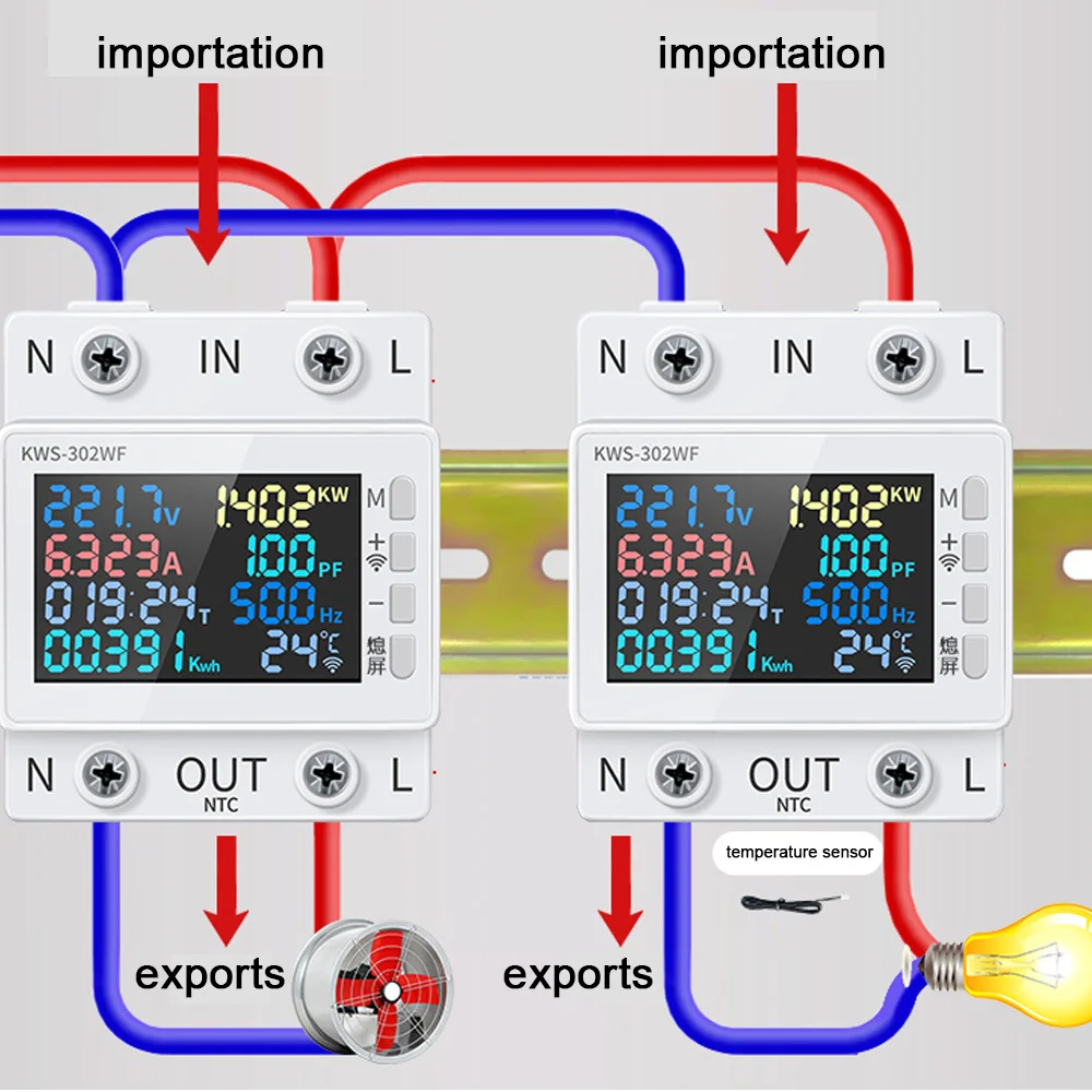 8in1 Power Meter Color Screen 2P Multi-function AC Energy Meter 170-270V/63A Voltage and Current Meter