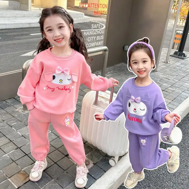 귀여운 산리오 쿠로미 스포츠 세트, 마이 멜로디 어린이 만화, 귀여운 가을 야외 따뜻한 라운드 넥 상의 바지, 스포츠 투피스 세트