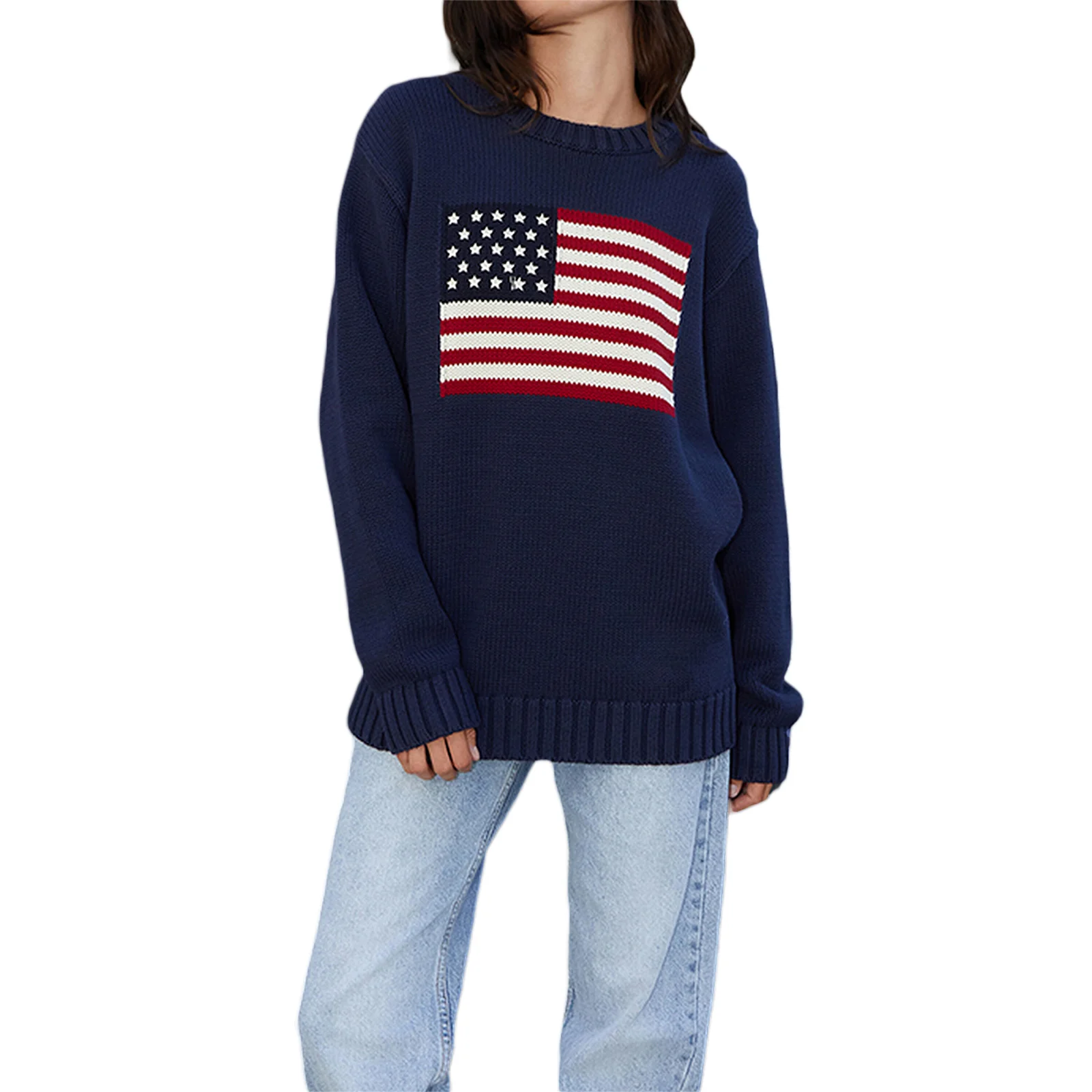 Women's Loose Fit Sweaters Fall Winter Casual Stars Stripe Flag Print Round Neck Long Sleeve Pullovers Knitted Jumpers