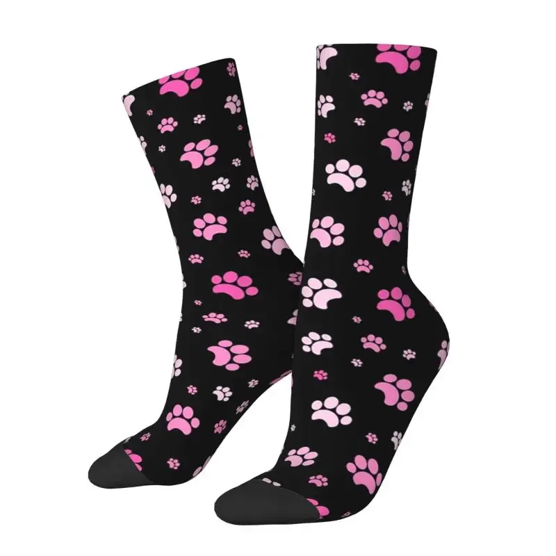 Chaussettes provoqué à motif de patte de chien rouge et rose pour hommes, chaussettes confortables et chaudes, chaussettes d'équipage imprimées en 3D, chaussettes unisexes drôles