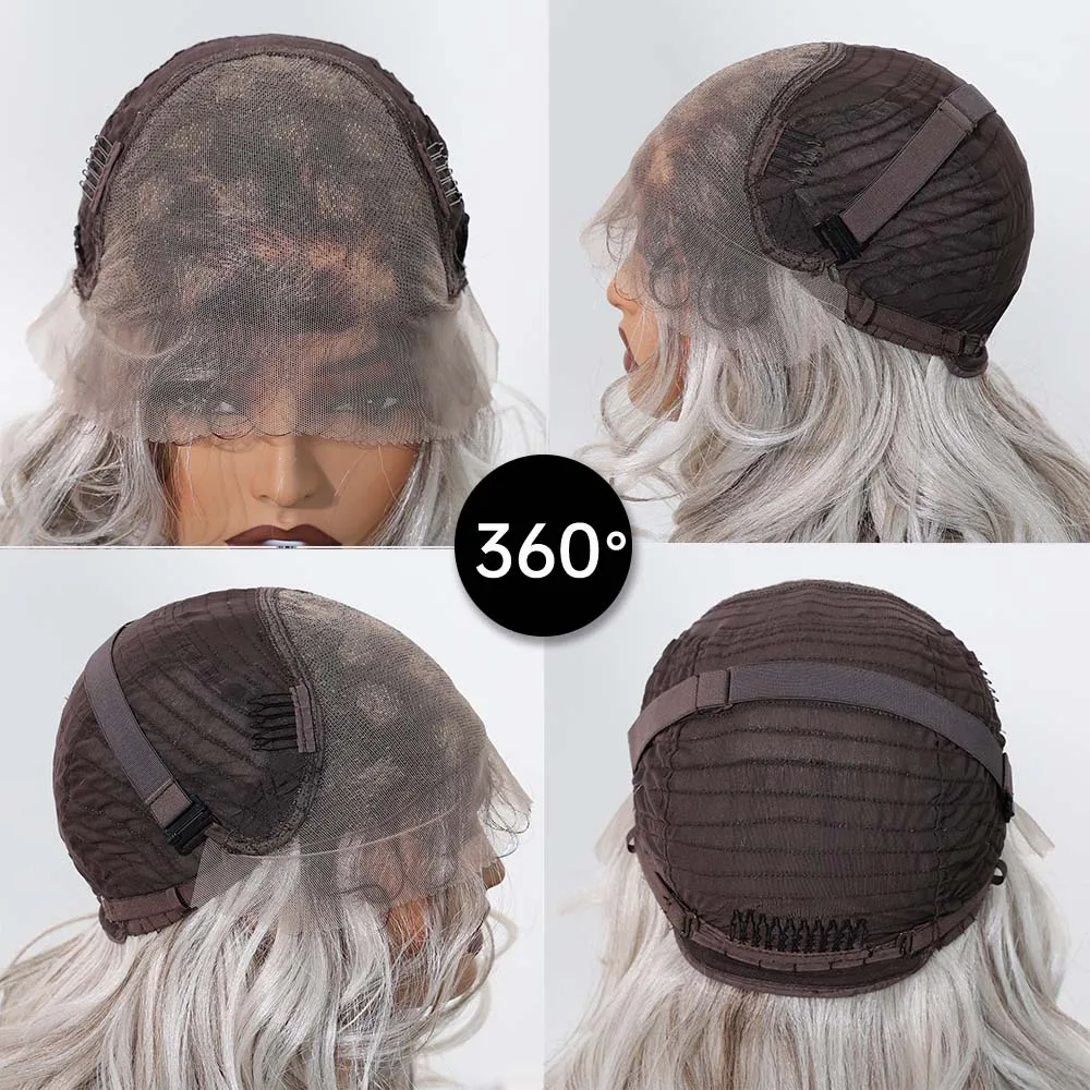 Gray White Highlight Synthetic Wigs 13*6 Transparent Swiss Lace Frontal Wigs Body Wave Long Curly Wigs for Women Elder Mommy Wig