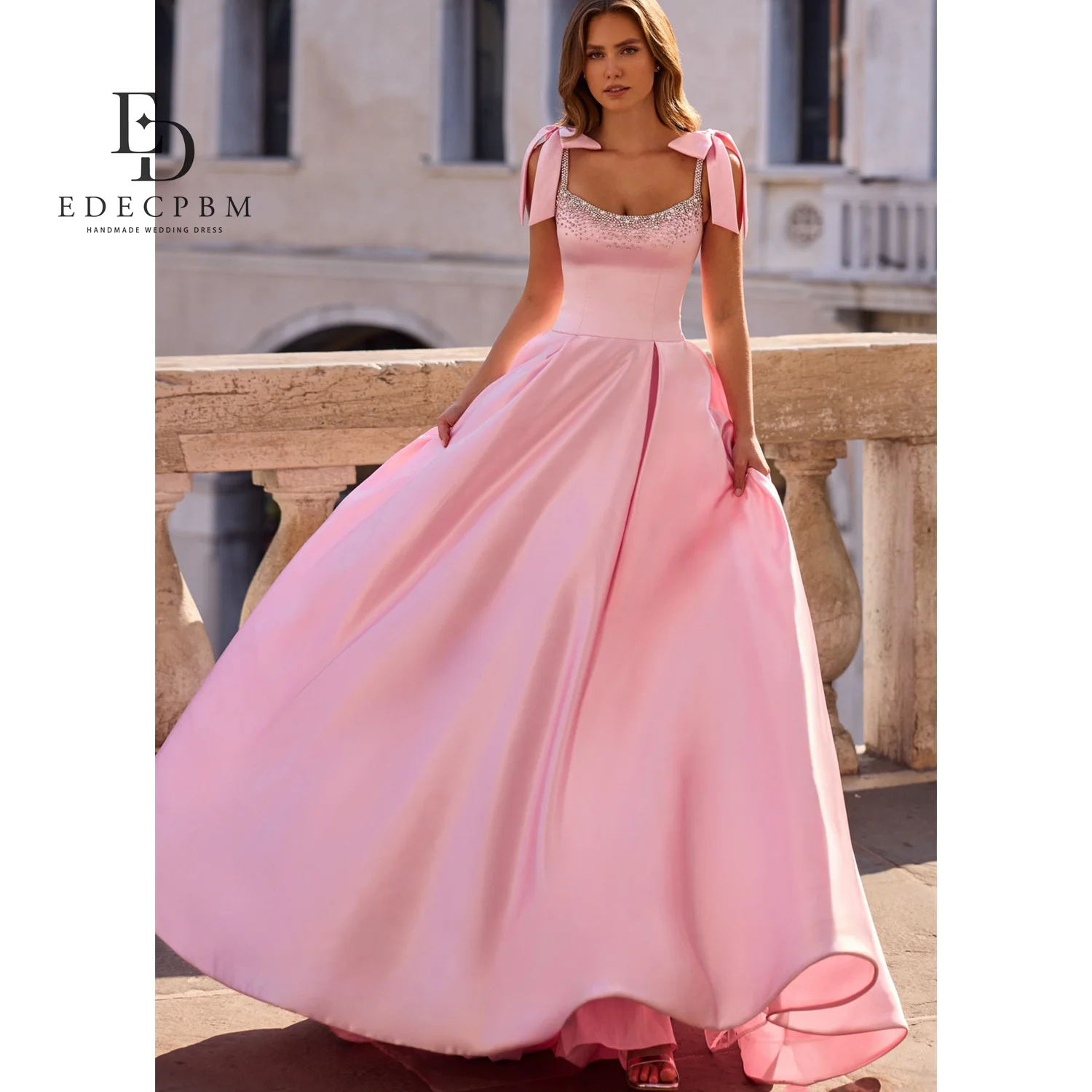 

EDECPBM Luxurious Women's Evening Dresses 2025 Luxury Satin Square Leader Pink Beautiful Prom Dresses Store Vestidos De Festa