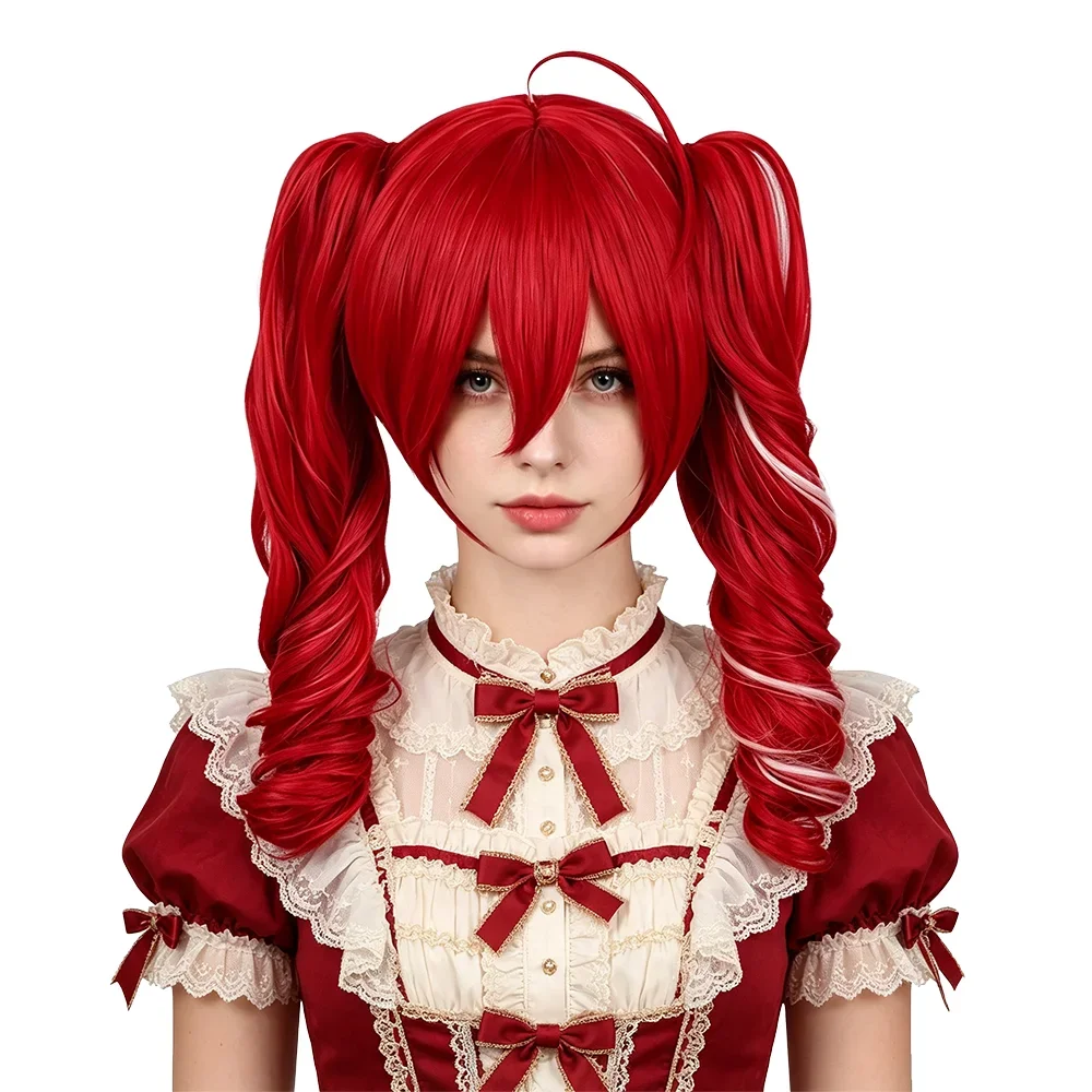 Kasane Teto Cosplay Wig Red Double Ponytail with White Highlights 40cm Spiral Curly Heat Resistant Synthetic Anime Wig For Women