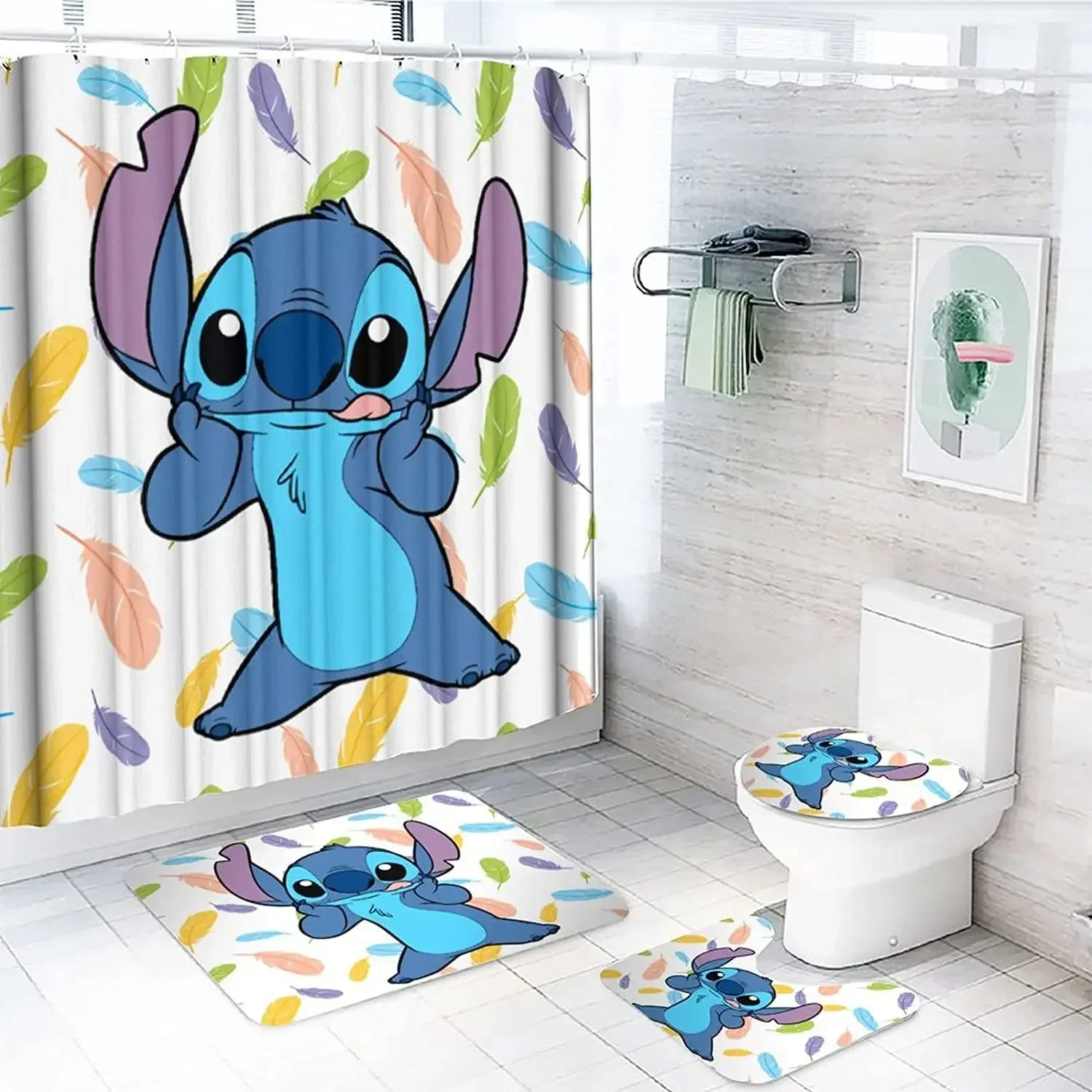 

Disney Lilo Stitch Bathroom Shower Curtain Waterproof Curtains in The Bathroom with Hook Set Soft Bath Mat Toilet Carpet Rugs