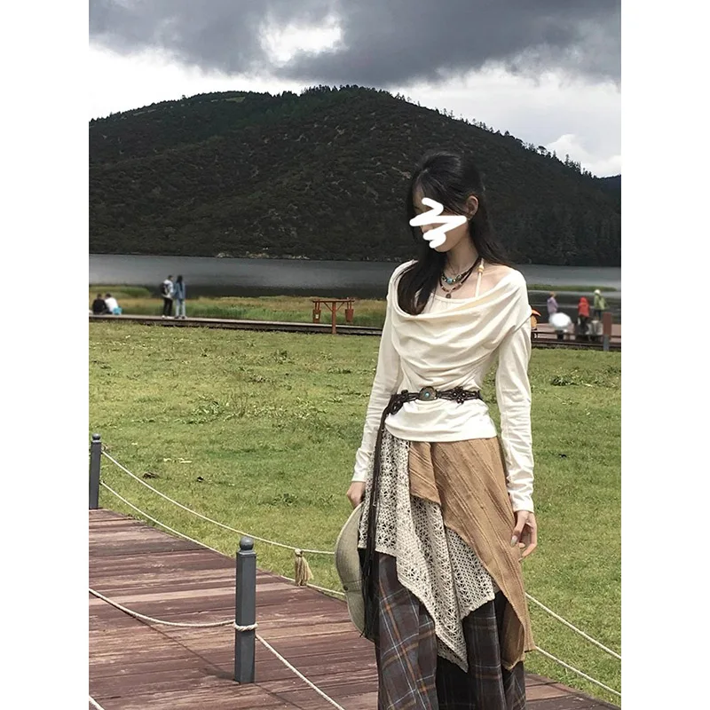 الخريف الشتاء خمر المرقعة منقوشة تنورة المرأة عالية الخصر ألف خط ماكسي تنورة غير النظامية بوهو الأدبية الدانتيل المشارب تنورة طويلة