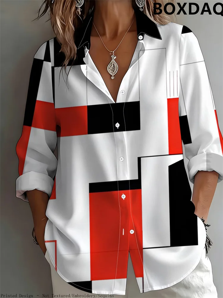 Women's Autumn Blouses 2026 Casual Long Sleeved Lapel Button Geometric Pattern Printed Simple Shirt Women's Office Fashion Tops