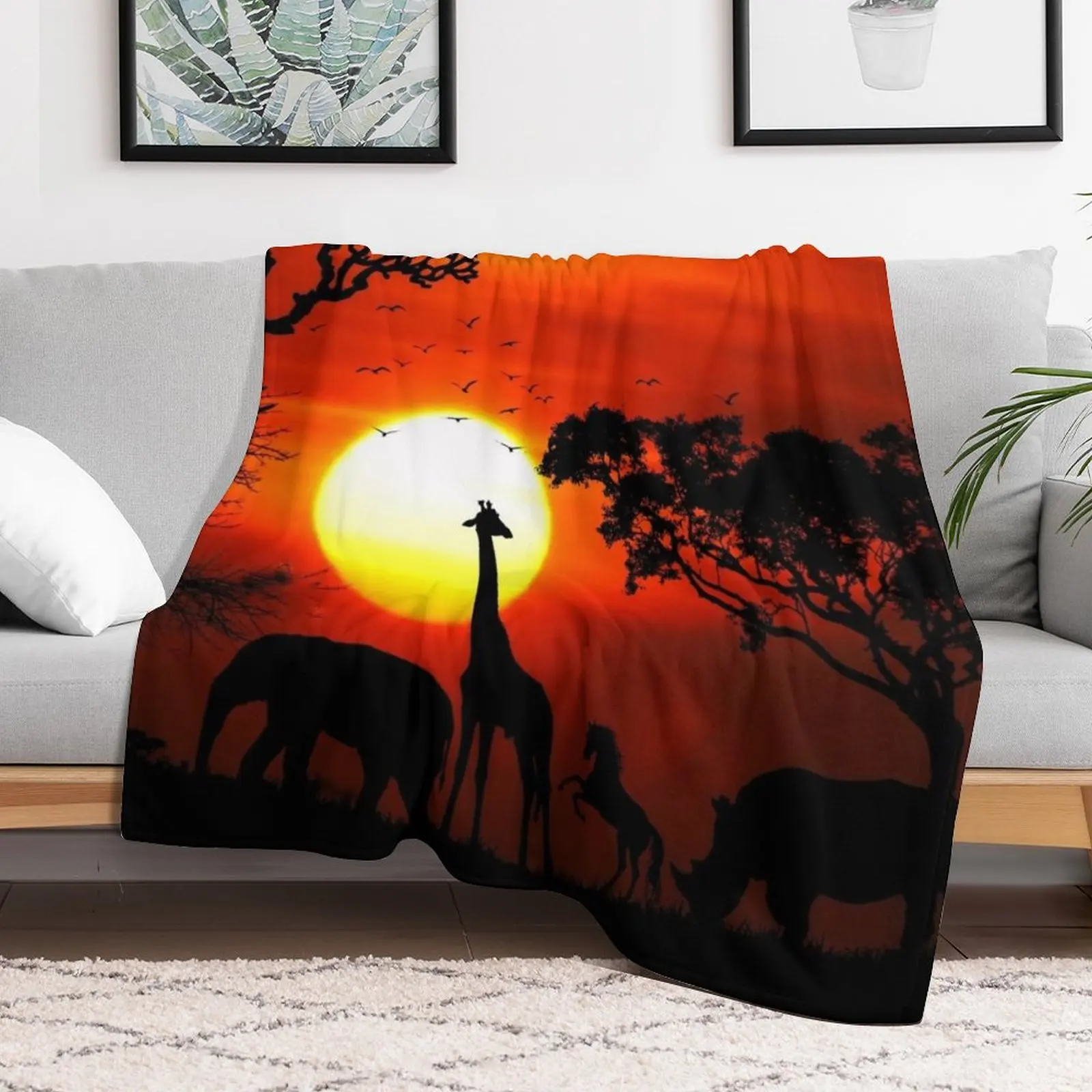 New Wild Animals on African Savanna Sunset Throw Blanket Blankets For Bed Soft Plaid Vintage Nap Blankets