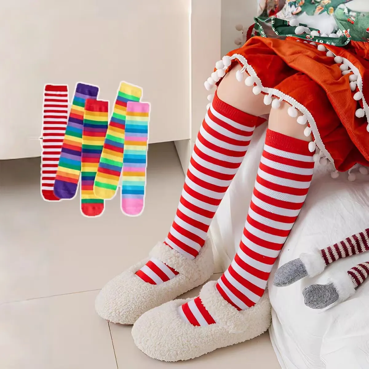 Stockings Rainbow Stripped Teen Girls Christmas Cosplay Party Socks Spring Autumn Children's Long Kids Girls Knee High Socks