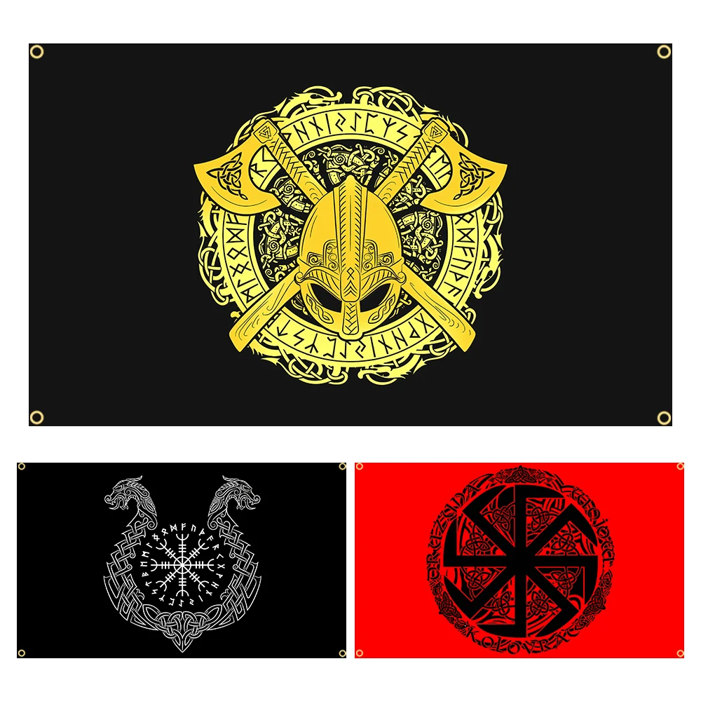 Jemony 90x150cm 3x5FTS The Viking Hammer of Thor Flags Runic Viking Compass Norse Mythology Valhalla Tattoo Scandinavian Banner