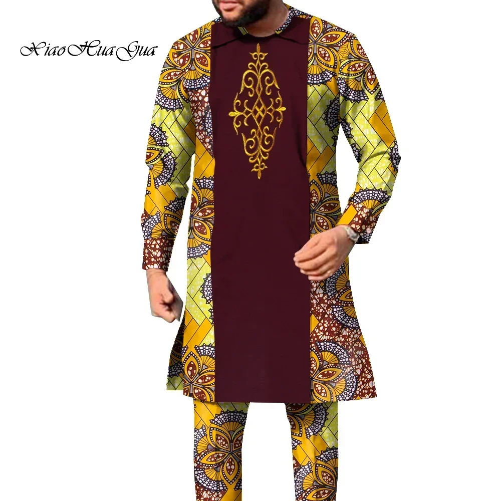 2 Pcs Set African Outfits for Men Long Sleeve Dashiki long Shirt and Pants African Print Clothing Patchwork Men Suit WYn1858