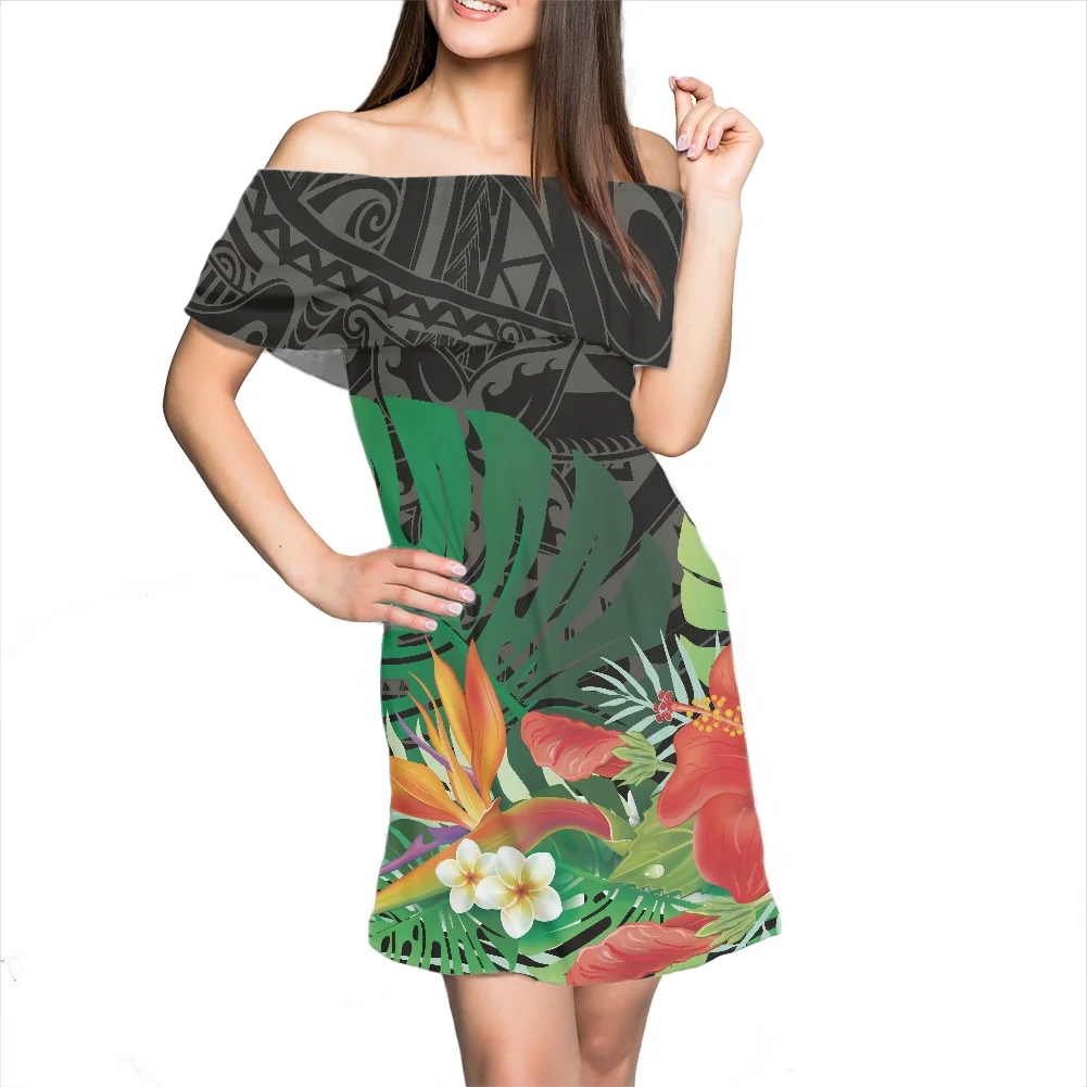 

Polynesian Tribe Plus Size 7XL Frangipani Print Dress Ruffles Women Lady Elegant Sexy Summer Women Dresses 2022 New Design Dress