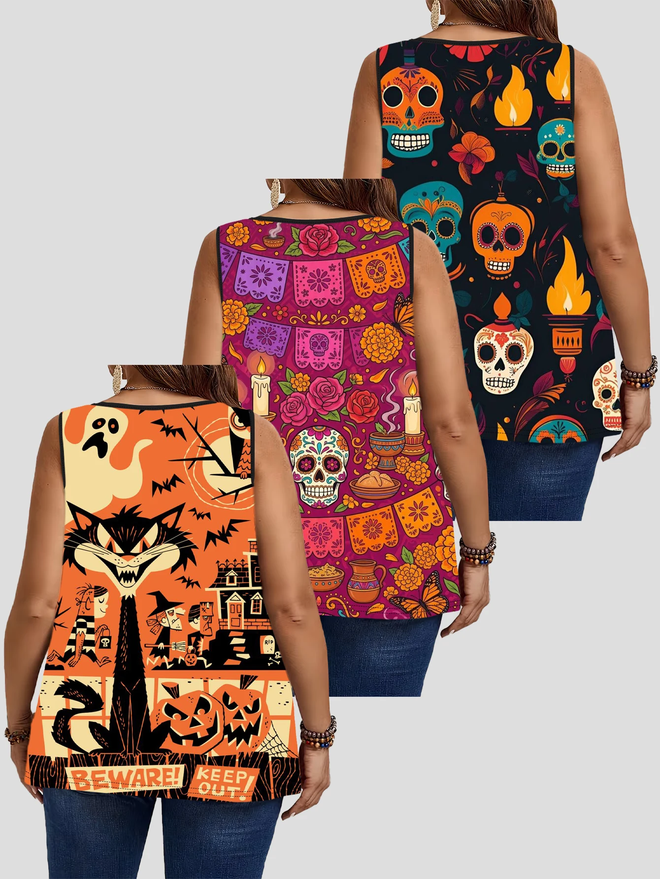 3-Piece Set of Plus-Size Sleeveless Vests with Mexican Day of the Dead Sugar Skulls, Halloween Black Cat, Pumpkin, and Witch Prints, Vintage Cartoon Dark Style Loose-Fitting Camisole Tops 2