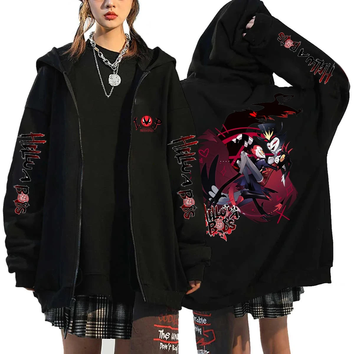 Sudadera con capucha para amantes del anime, estilo Helluva Boss, estampado 2D negro, informal