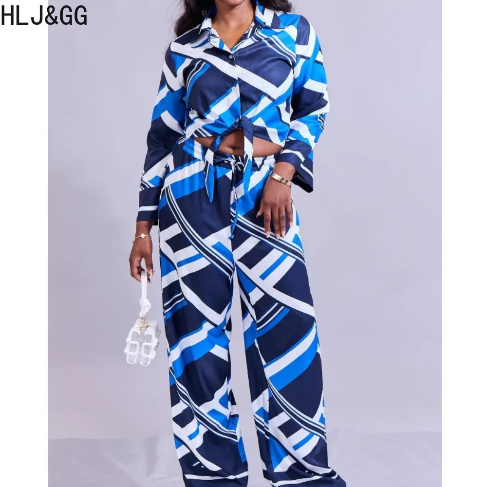 

HLJ&GG Elegant OL Stripe Print Wide Leg Pants Two Piece Sets For Women Turndown Collar Button Long Sleeve Top And Pants Outfits