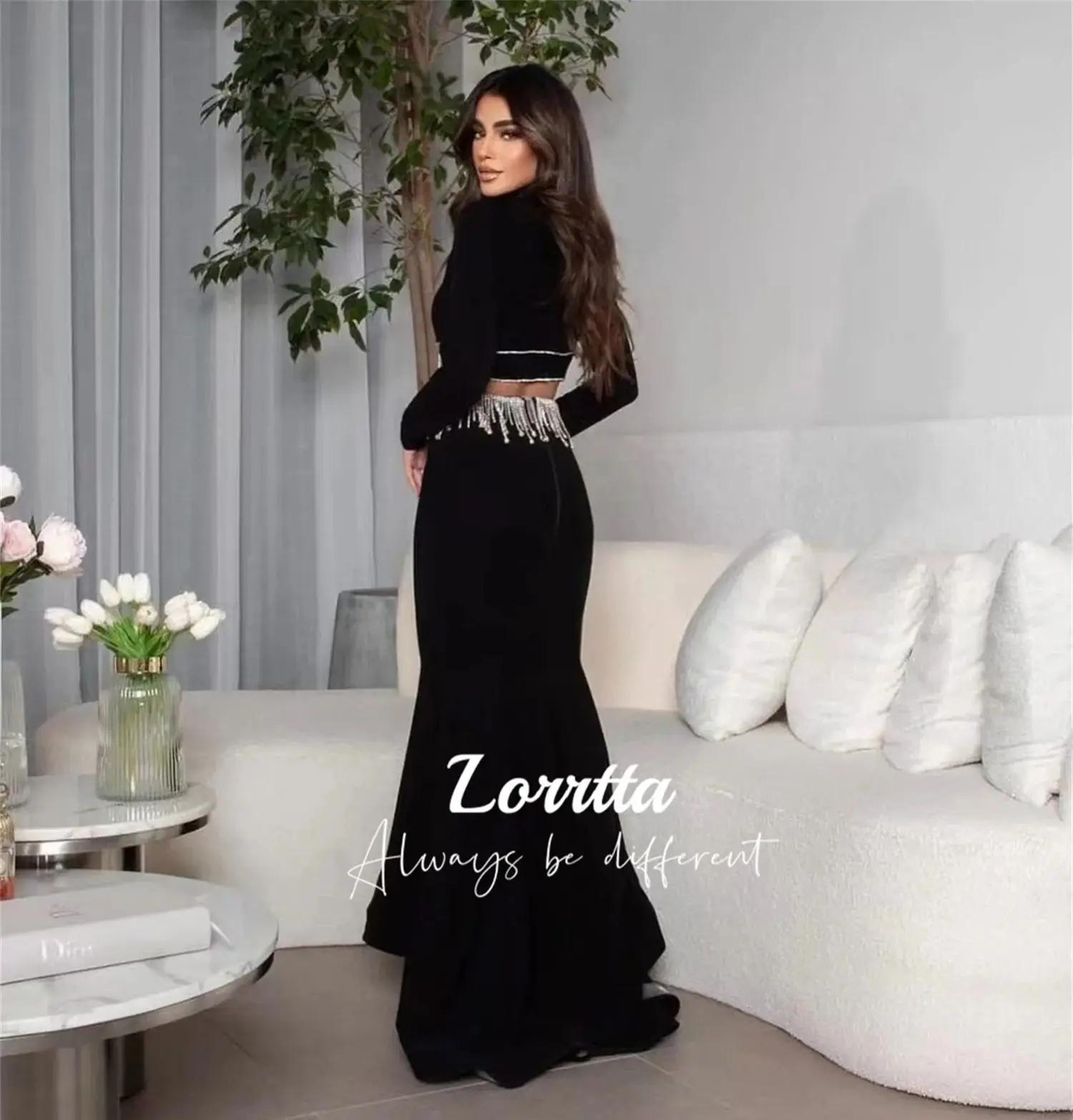 Women\'s black evening dress with hollow tassels long-sleeve floor-length fishtail dress sexy Customized elegant evening dress