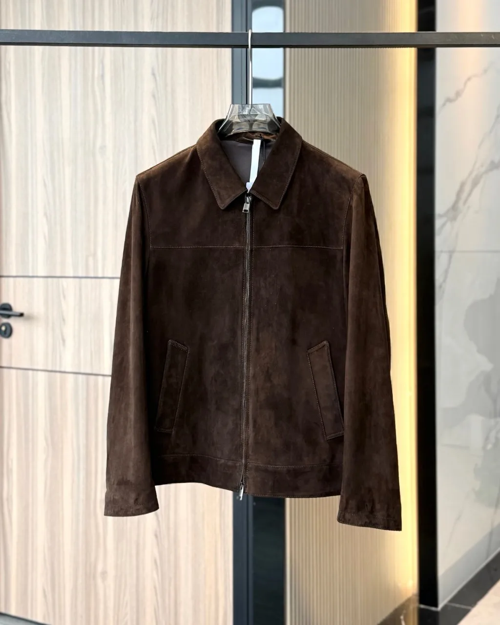 Mens Suede Leather Jacket 2026 Winter New Shirt Collar Notched Lapel Zip Front