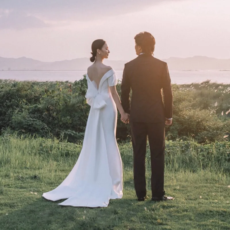 Gaun pernikahan Satin Korea gaun pengantin kekasih Off-the-Shoullder Vintage gaun pengantin pita punggung terbuka elegan kualitas tinggi