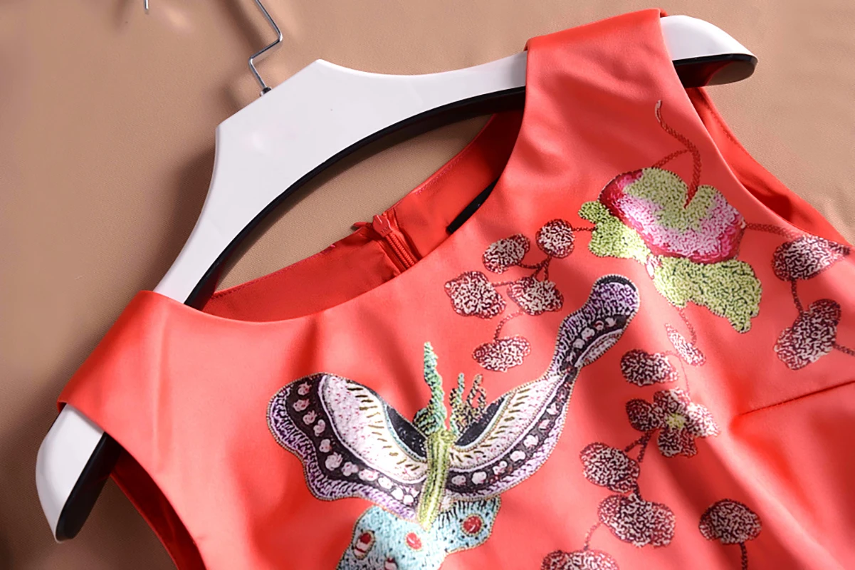 Fashion Butterfly Print Women Sheath Dress Round Neck Sleeveless Dresses