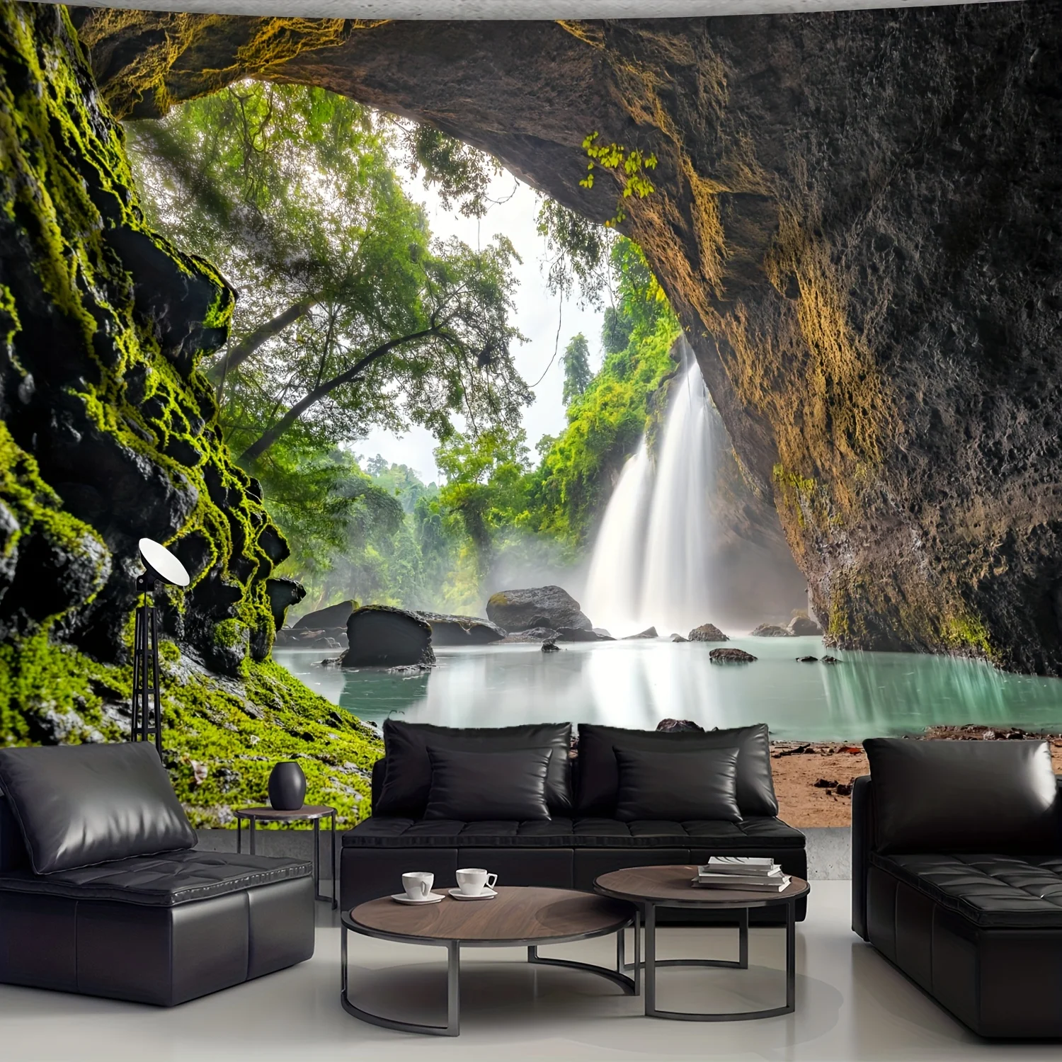 Waterfall Cave Tapestry Nature Scenic Wall Hanging Tropical Forest Relaxing Decor for Bedroom Meditation Yoga Studio Calm Vibe
