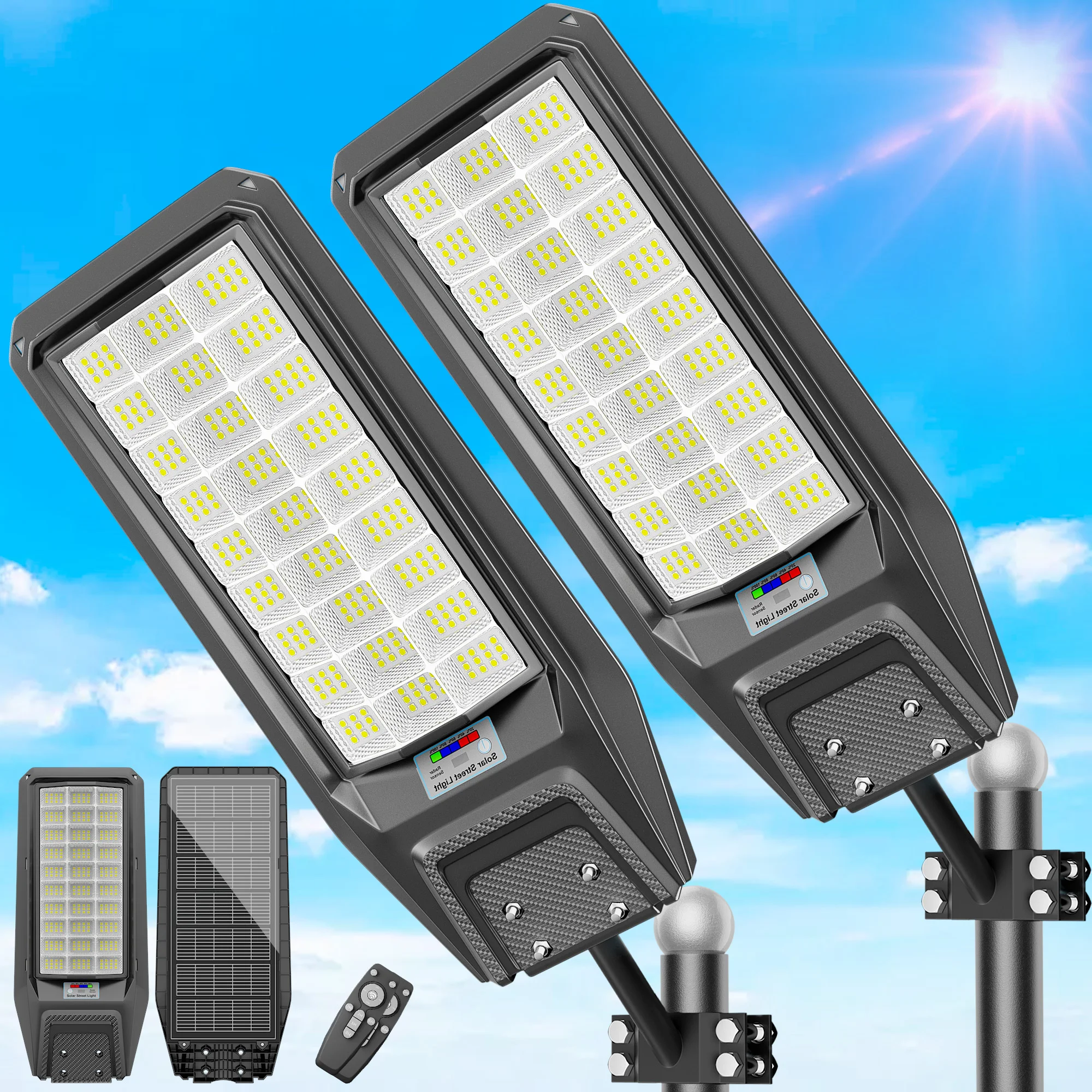 6000W Super Bright Large Outdoor Solar Street Light, IP65 Waterproof LED Commercial Flood Light, Energy Saving, Dusk-to-Dawn Auto On/Off, Motion Sensor & Remote Control, Easy Installation, Perfect for Yard, Patio, Garage, Basketball Court and Parking Lot
