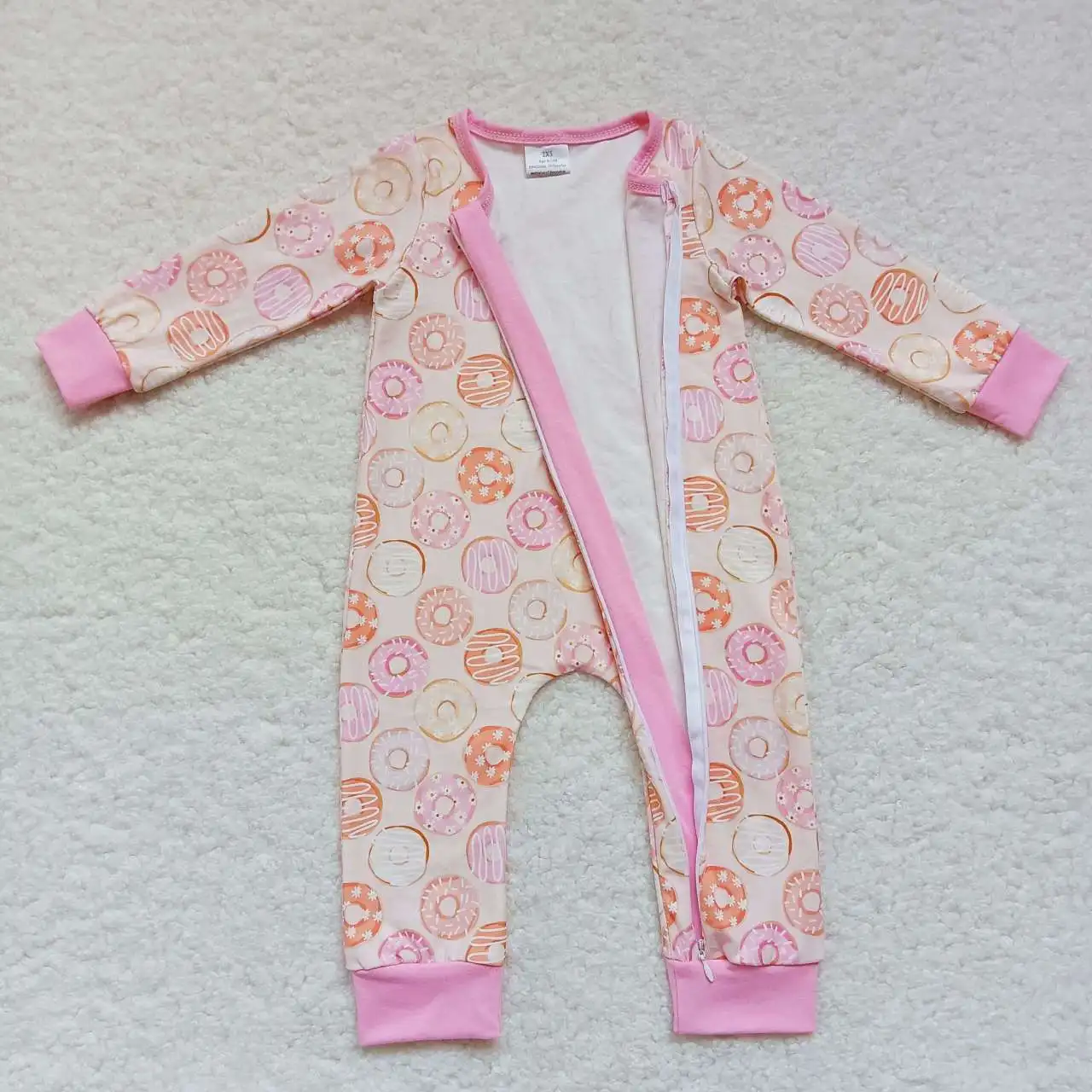 New Girls Hot Sale Autumn Romper Wholesale Donut Pink Side Zipper Long Sleeve Onesie