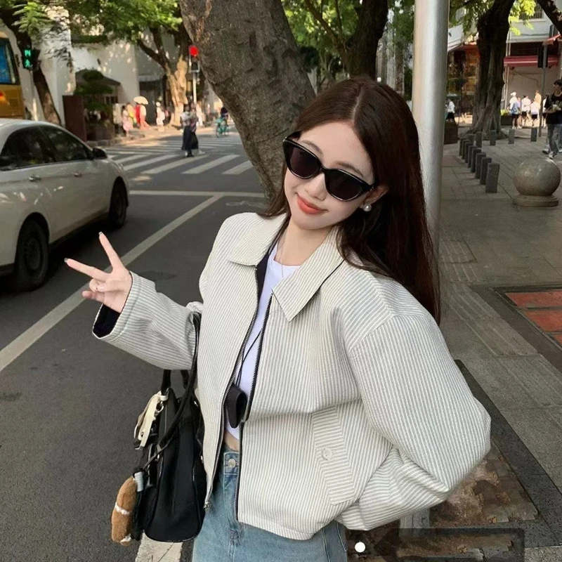 

Women's Vintage Striped Collar Jacket 2025 Loose Fit Double Sided Zip Up Blazer Retro Design for Spring Autumn