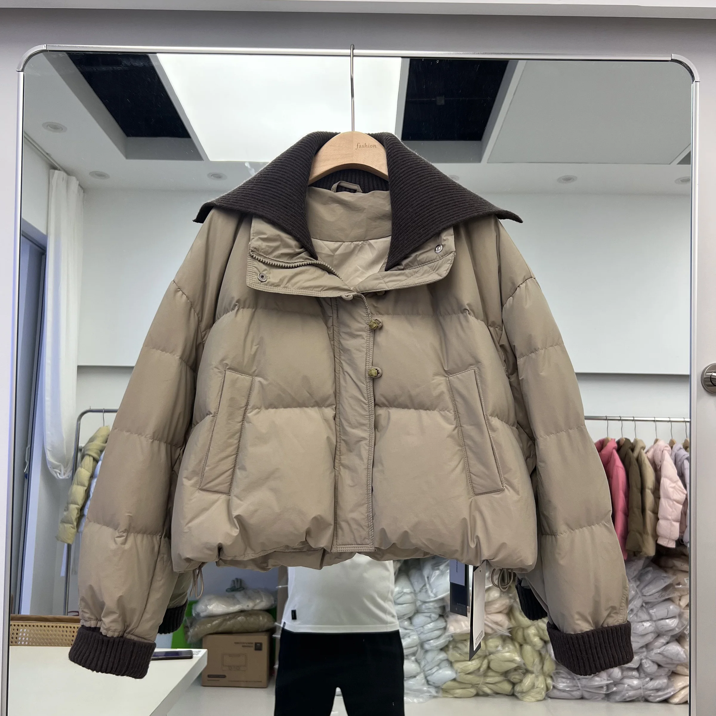 Winter New Women's Down Jacket Fashion Short Knitted Turn Down Collar Splicing White Duck Down Coats Korean Loose Outerwear