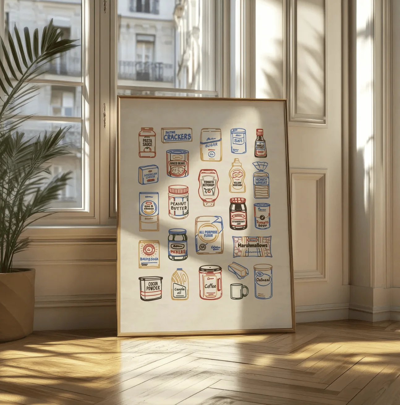 Vintage Grocery Ingredients Wall Art Canvas Prints Posters Decor, Retro Pantry Illustration for Kitchen, Dining Room & Cafe Home