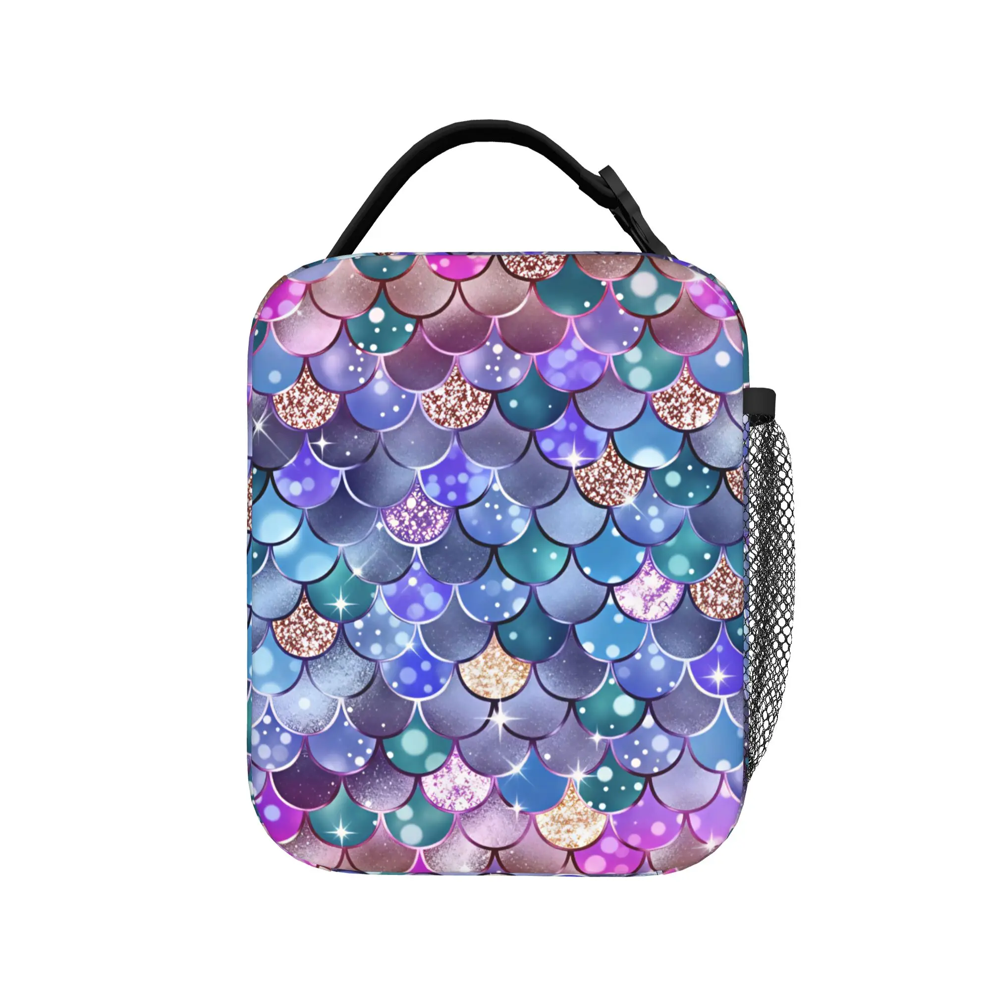 Lunch Bag Iridescent Mermaid Scales Glitter School Lunch Box For Women  Casual Portable Zipper Print Thermal Tote Handbags
