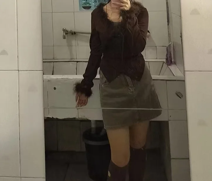 الخريف الحلو مثير Y2k الفرنسية تصميم دافئ 3 قطعة مجموعة الدانتيل الرسن القمم + الفراء طوق سترة منقوشة تنورة صغيرة شيك المرأة البدلة #1