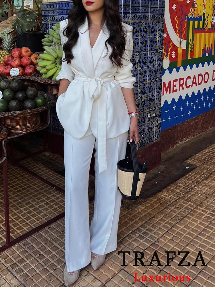 TRAFZA Office Lady Solid White Blazer Suits Women V Neck Sashes Oversized Blazer+High Waist Wide Leg Pants Fashion 2024 Sets