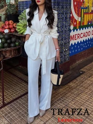 TRAFZA Office Lady Solid White Blazer Suits Women V Neck Sashes Oversized Blazer+High Waist Wide Leg Pants Fashion 2024 Sets