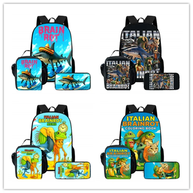 حقيبة ظهر مدرسية للأطفال من كارتون برين روت مع حقائب غداء وحقائب أقلام رصاص للأطفال خفيفة الوزن