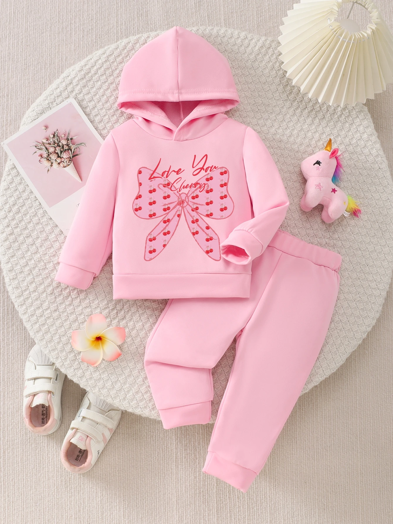 Toddler Girl Solid Pink Hoodie Pants Set 6M-5Y Kids Long Sleeve Hooded Sweatshirt Elastic Jogger Pants Casual 2Pcs Outfit