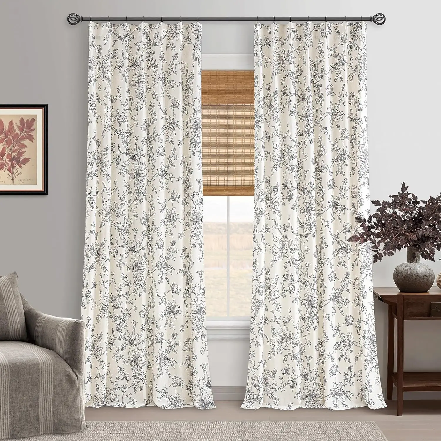 

Black Floral 102 Inch Linen Curtains Pinch Pleated Back Tab Farmhouse Neutral Living Dining Room Light Filtering Curtain