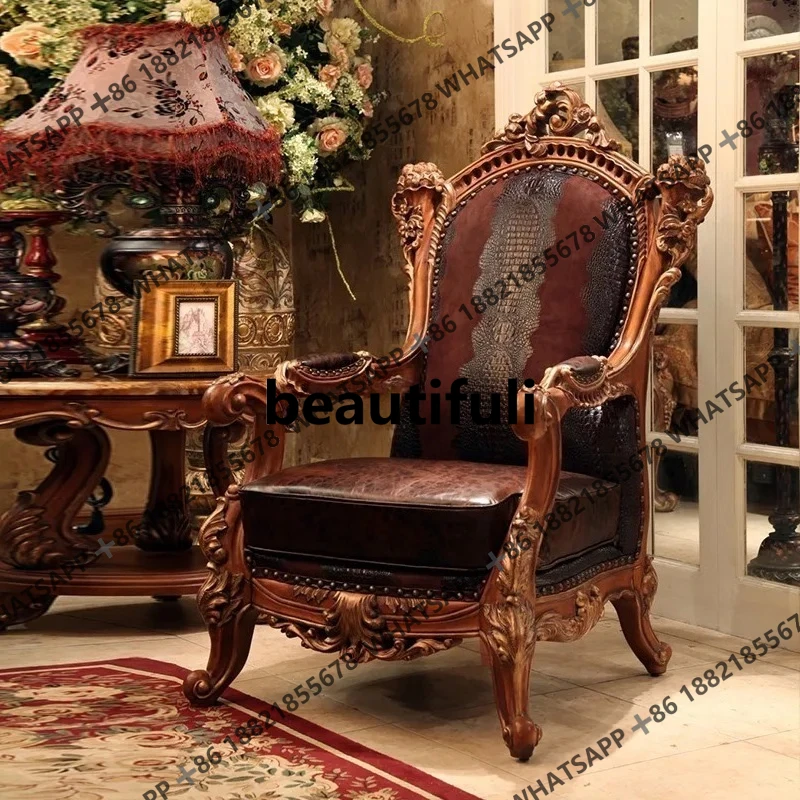 

European leather sofa corner size apartment solid wood carving flower American light luxury L type