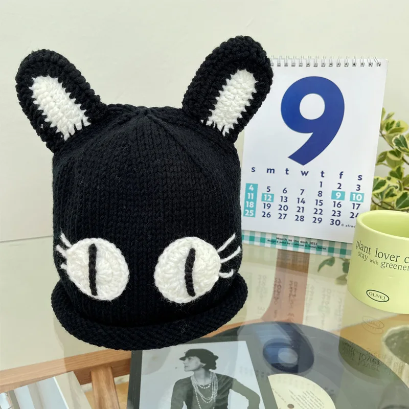 Hand-knitted Cat Ears Knitted Cap Couple Autumn and Winter Wool Cap Cute Weird Thickened Warm Ear Protection Hat