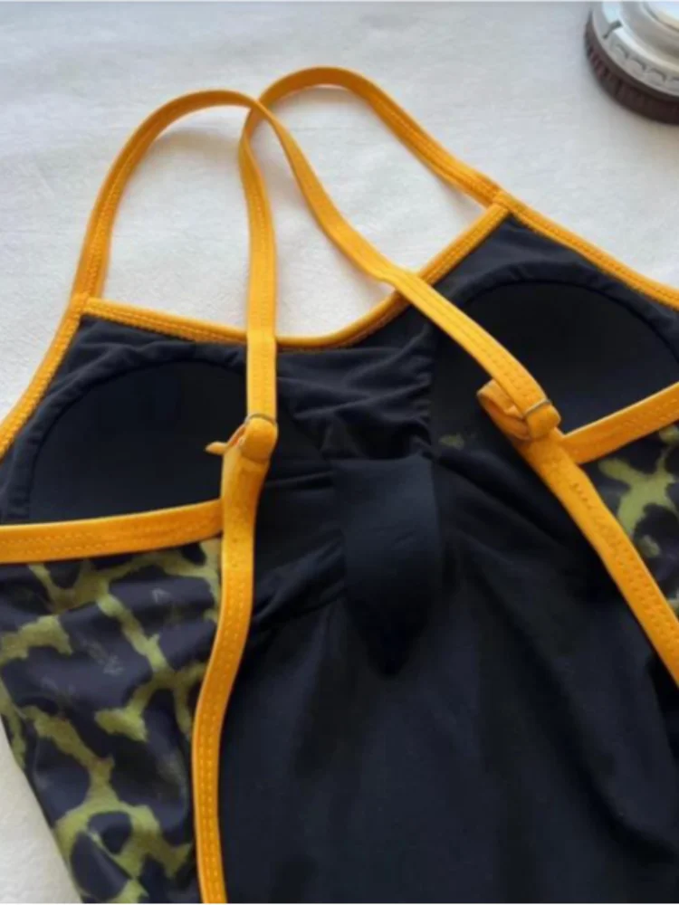 Fato de banho feminino feminino de corrida de uma peça com estampa de leopardo, estilo harajuku, estilo feminino, feminino, feminino, roupa de banho de uma peça