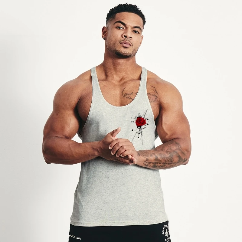 

Men's Rose Print Cotton Bodybuilding Vest - Gym Fitness Sports Sleeveless Top, Breathable Summer Vest for Athletic Workouts