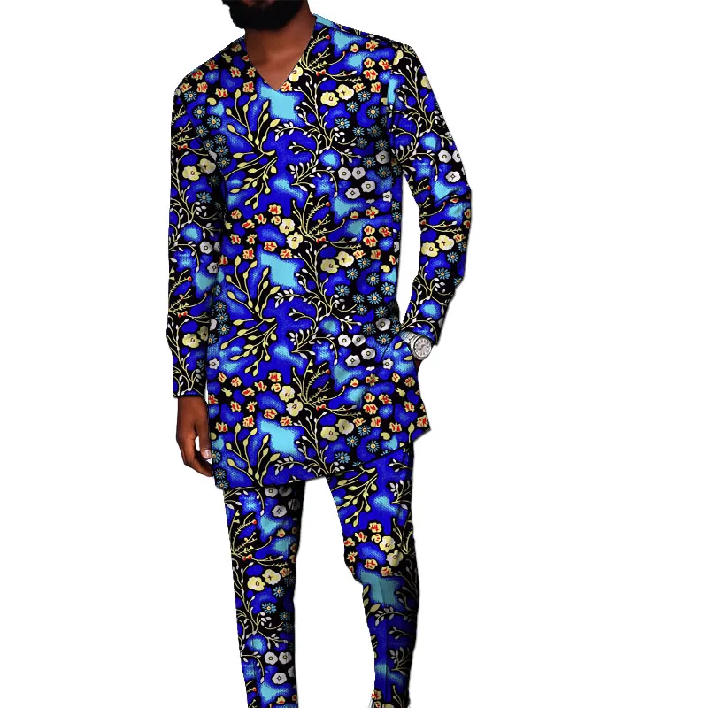 

Original Design Print Men’s Set V-neck Shirts Patch Elastic Waist Pants Tailored African Couture Party Wear