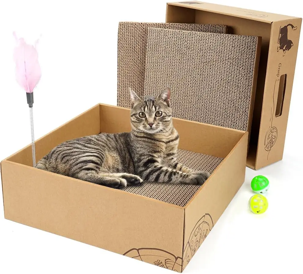 

Cat Scratcher Box with 3 PCS Scratching Pads, Reversible Corrugated Cardboard Lounge Bed with Feather Toy and Balls Recy
