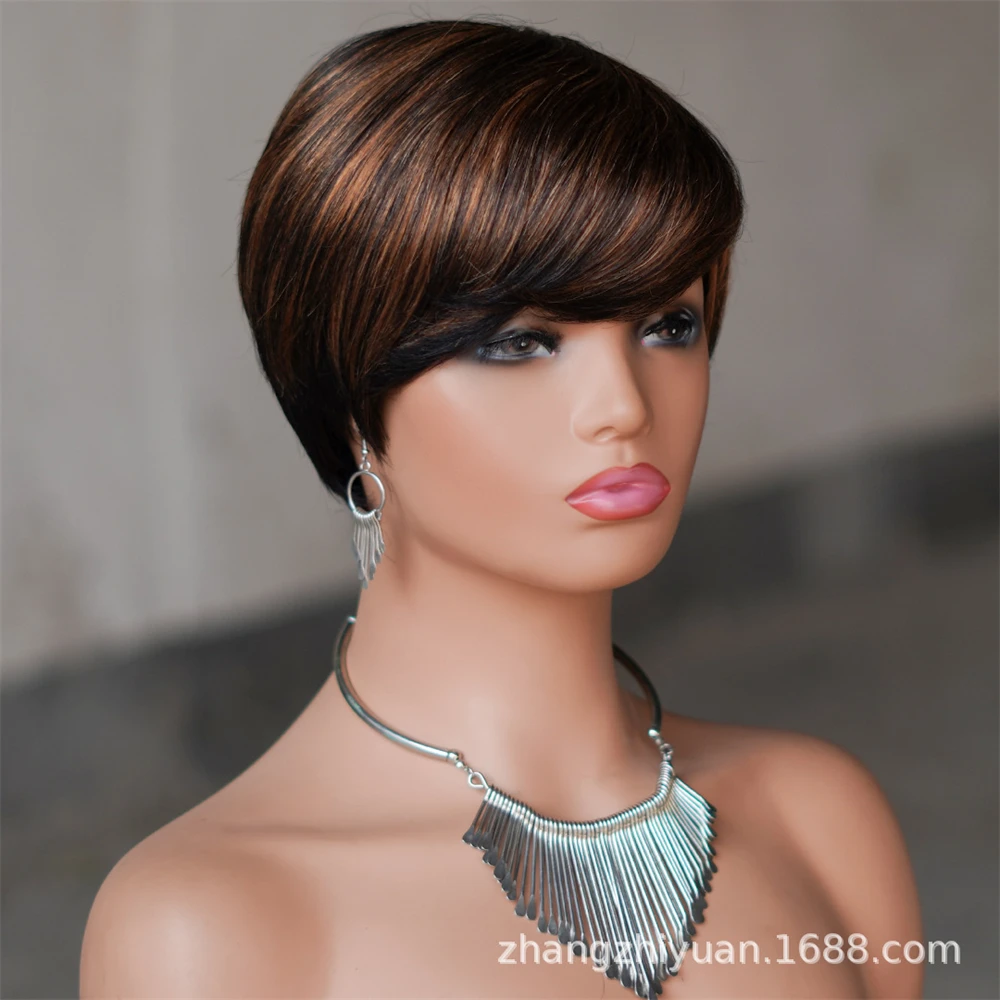 Parrucca di capelli veri, fascia per capelli corti con meccanismo completo, stile femminile alla moda, oro nero, parrucca marrone rossa