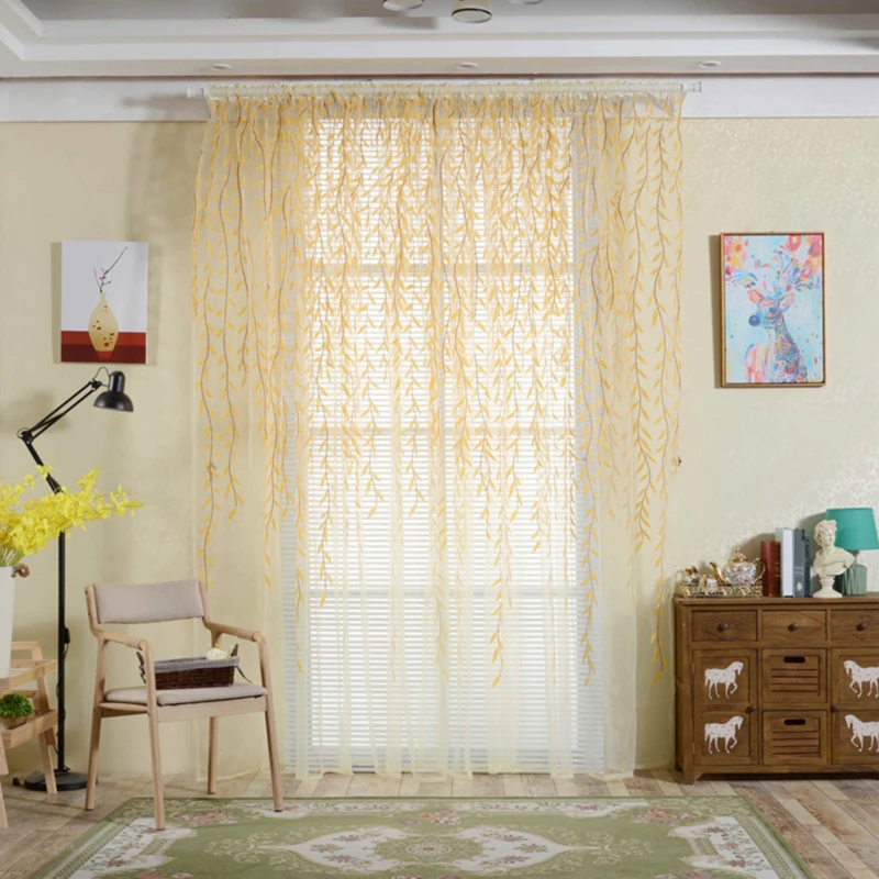 Elegant Modern Tulle Curtains For Living Room Bedroom Kitchen Green Leaf Sheer Curtains For Window Tulle Curtains Drapes