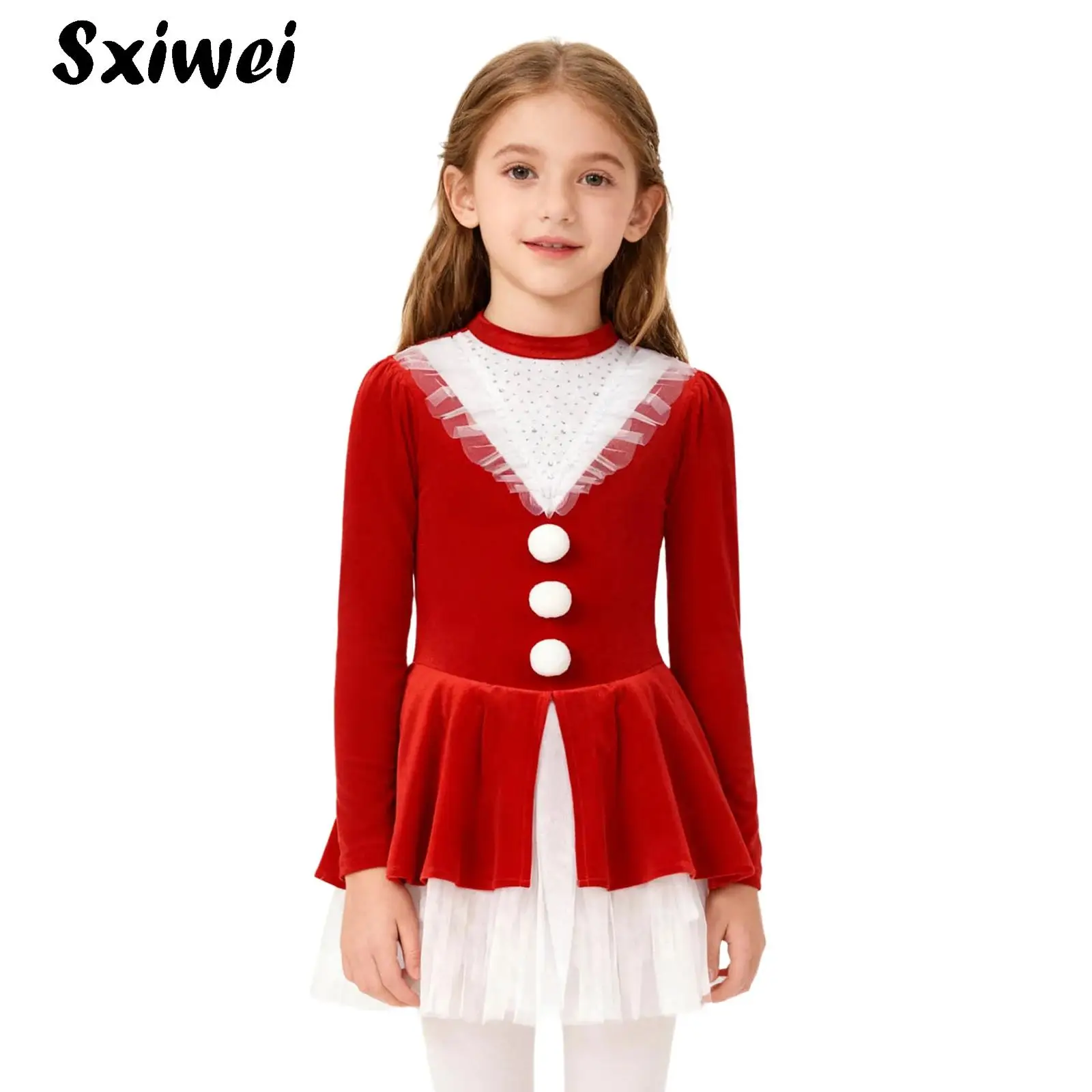 

Girl Velvet Christmas Santa Claus Costume Xmas Holiday Fancy Party Ballet Tutu Dress Gymnastics Leotard Figure Skating Dancewear