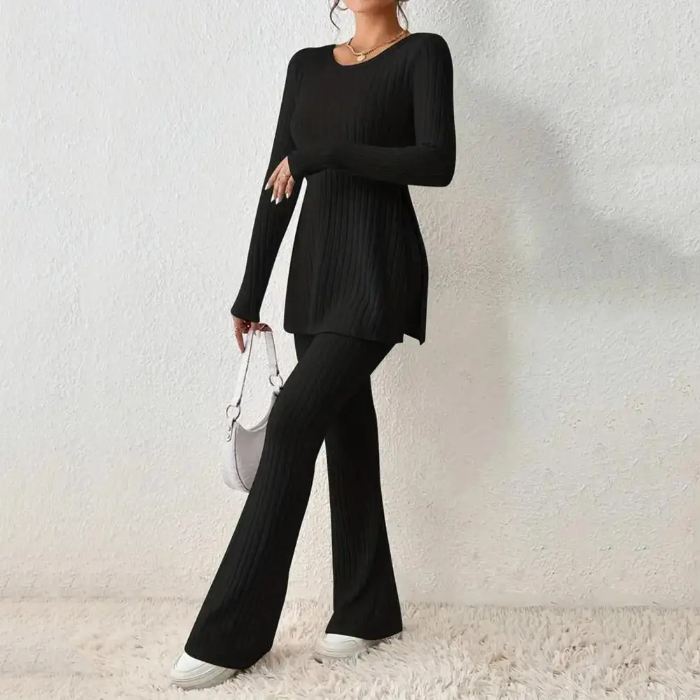 Women Suit Set Stylish Women\'s Knitted Two-piece Suit Set with Long Sleeve Ribbed Top High Waist Flared Trousers for Fall